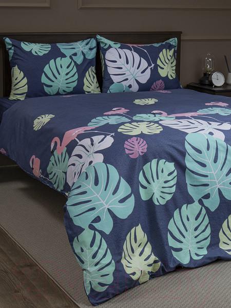 Изображение товара Комплект постельного белья Amore Mio Сатин Exotic Евро / 53400 (синий/зеленый/розовый)