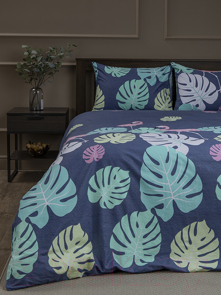 Изображение товара Комплект постельного белья Amore Mio Сатин Exotic Евро / 53400 (синий/зеленый/розовый)