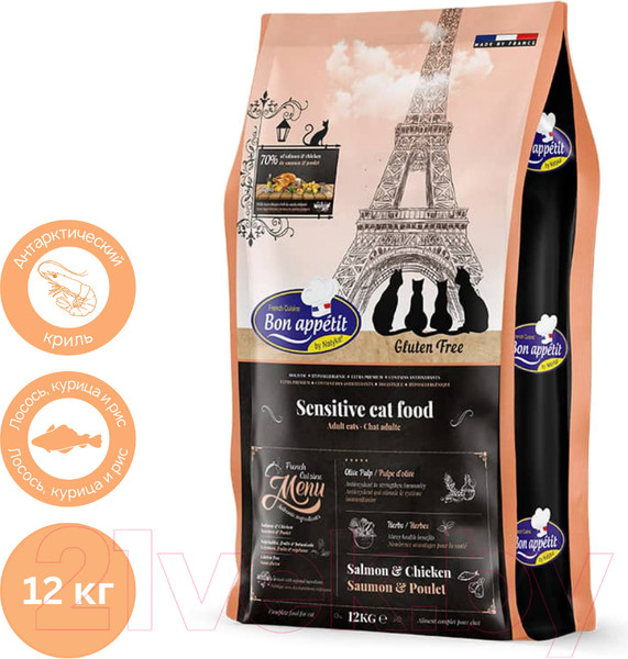 Изображение товара Сухой корм для кошек Bon Appetit Cat Adult Sensitive с лососем и курицей / 795332 (12кг)