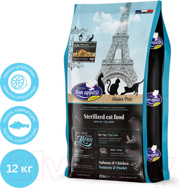 Изображение товара Сухой корм для кошек Bon Appetit Cat Adult Sterilized с курицей и лососем / 795318 (12кг)