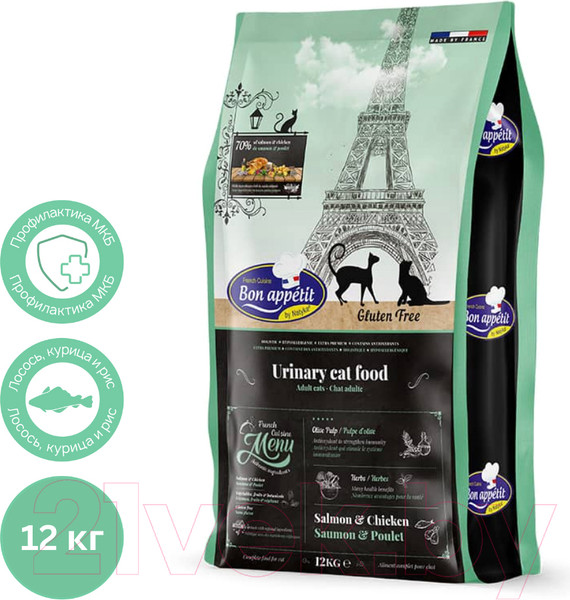 Изображение товара Сухой корм для кошек Bon Appetit Cat Adult Urinary с курицей и лососем / 795349 (12кг)