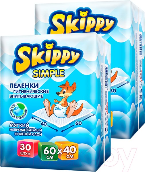Изображение товара Набор пеленок одноразовых детских Skippy Simple Waterproof 60x40 (60шт)