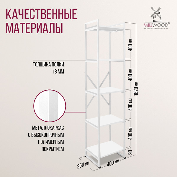 Изображение товара Стеллаж Millwood Лофт СН-2 (L) 400x350x1820 (белый/металл белый)