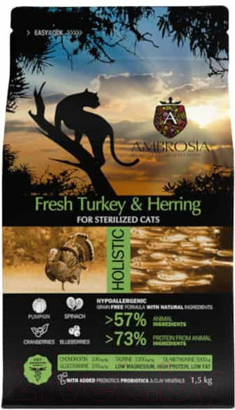 Изображение товара Сухой корм для кошек Ambrosia Grain Free для стерилизованн. кошек, индейка, сельдь / U/ACST1.5 (1.5кг)