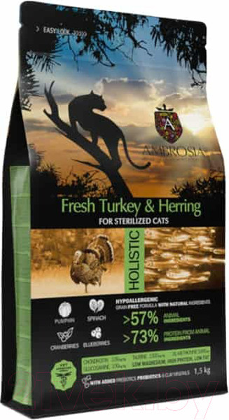 Изображение товара Сухой корм для кошек Ambrosia Grain Free для стерилизованн. кошек, индейка, сельдь / U/ACST1.5 (1.5кг)