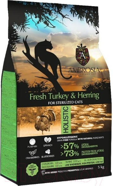 Сухой корм для кошек Ambrosia Grain Free для стерилизованных кошек, индейка, сельдь / U/ACST5 (5кг)