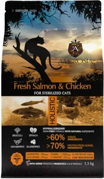 Сухой корм для кошек Ambrosia Grain Free для стерилизованных кошек, лосось, курица / U/ACSS1.5 (1.5кг)