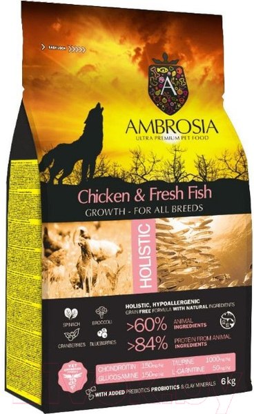 Изображение товара Сухой корм для собак Ambrosia Grain Free для щенков всех пород с курицей и рыбой / U/ACF6 (6кг)