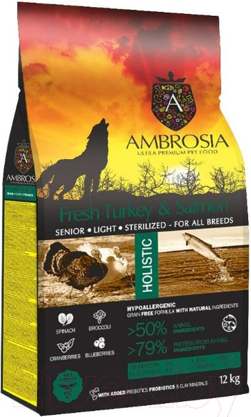 Изображение товара Сухой корм для собак Ambrosia Grain Free для пожилых с избыт. весом индейка и лосось / U/ATS12 (12кг)