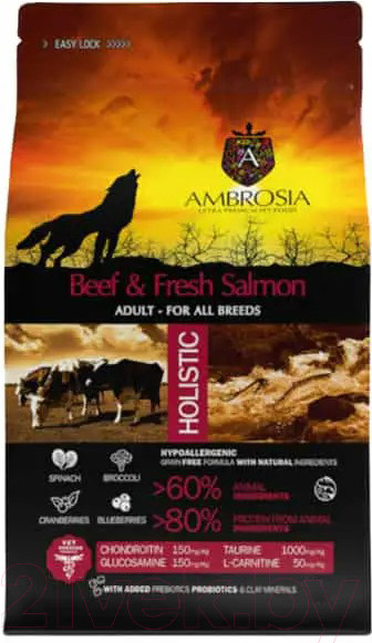 Изображение товара Сухой корм для собак Ambrosia Grain Free для всех пород с говядиной и лососем / U/ABS12 (12кг)