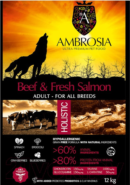 Изображение товара Сухой корм для собак Ambrosia Grain Free для всех пород с говядиной и лососем / U/ABS12 (12кг)