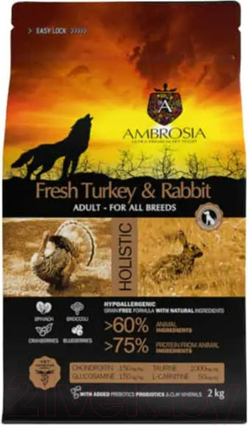 Изображение товара Сухой корм для собак Ambrosia Grain Free для всех пород с индейкой и кроликом / U/ATR2 (2кг)