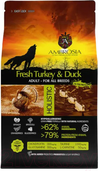 Изображение товара Сухой корм для собак Ambrosia Grain Free для всех пород с индейкой и уткой / U/ATD2 (2кг)