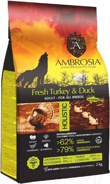 Изображение товара Сухой корм для собак Ambrosia Grain Free для всех пород с индейкой и уткой / U/ATD2 (2кг)
