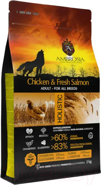Изображение товара Сухой корм для собак Ambrosia Grain Free для всех пород с курицей и лососем / U/ACS2 (2кг)