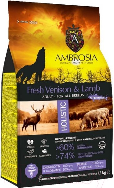 Изображение товара Сухой корм для собак Ambrosia Grain Free для всех пород с олениной и ягненком / U/AVL12 (12кг)