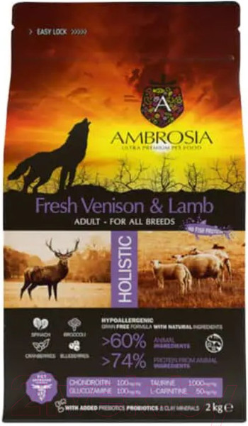 Изображение товара Сухой корм для собак Ambrosia Grain Free для всех пород с олениной и ягненком / U/AVL2 (2кг)
