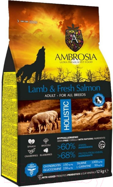 Изображение товара Сухой корм для собак Ambrosia Grain Free для всех пород с ягненком и лососем / U/ALS12 (12кг)