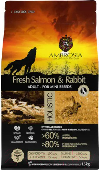 Изображение товара Сухой корм для собак Ambrosia Grain Free для мелких пород с лососем и кроликом / U/ASRM1.5 (1.5кг)