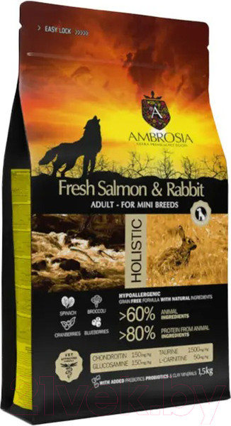 Изображение товара Сухой корм для собак Ambrosia Grain Free для мелких пород с лососем и кроликом / U/ASRM1.5 (1.5кг)