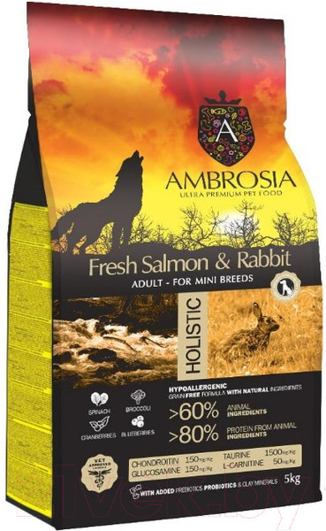 Изображение товара Сухой корм для собак Ambrosia Grain Free для мелких пород с лососем и кроликом / U/ASRM5 (5кг)