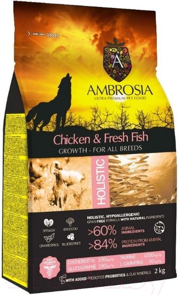 Изображение товара Сухой корм для собак Ambrosia Grain Free для щенков всех пород с курицей и рыбой / U/ACF2 (2кг)