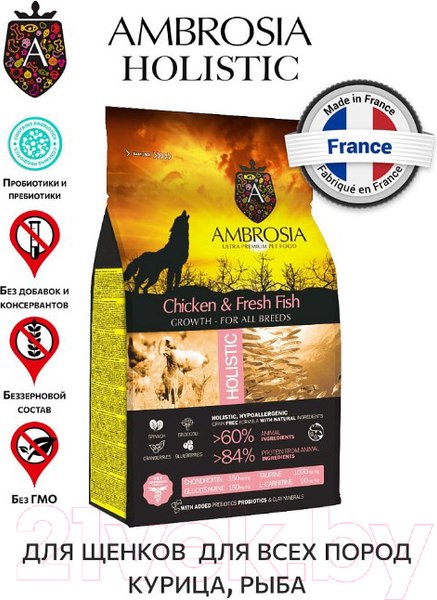 Изображение товара Сухой корм для собак Ambrosia Grain Free для щенков всех пород с курицей и рыбой / U/ACF6 (6кг)