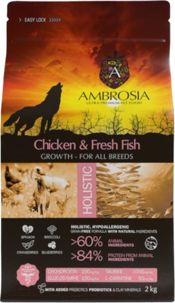 Изображение товара Сухой корм для собак Ambrosia Grain Free для щенков всех пород с курицей и рыбой / U/ACF2 (2кг)