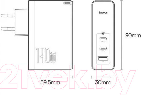 Изображение товара Зарядное устройство сетевое Baseus GaN5 Pro Fast Charger 2C+U 140W / CCGP100202 (белый)