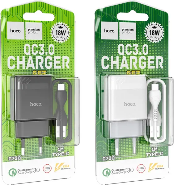 Изображение товара Зарядное устройство сетевое Hoco C72Q QC3.0 + кабель AM-Type-C / 6931474732552 (1м, белый)