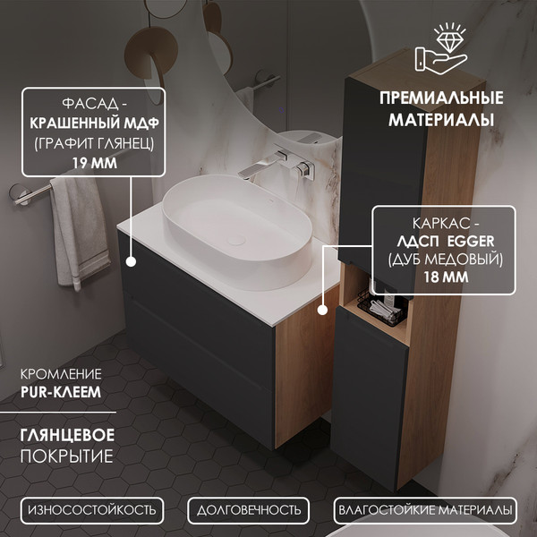Изображение товара Тумба под умывальник ЗОВ Дион 100 / D100LHO0M7015GKV5 (графит глянцевый/дуб)