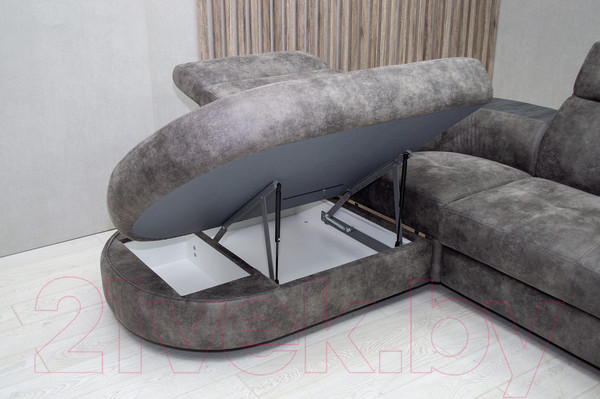 Изображение товара Диван угловой Петрамебель Браво комфорт левый с беспроводной зарядкой (темно-серый искусственная замша Кальвадос 790)