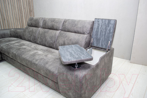 Изображение товара Диван угловой Петрамебель Браво комфорт левый с беспроводной зарядкой (темно-серый искусственная замша Кальвадос 790)
