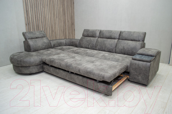 Изображение товара Диван угловой Петрамебель Браво комфорт левый с беспроводной зарядкой (темно-серый искусственная замша Кальвадос 790)