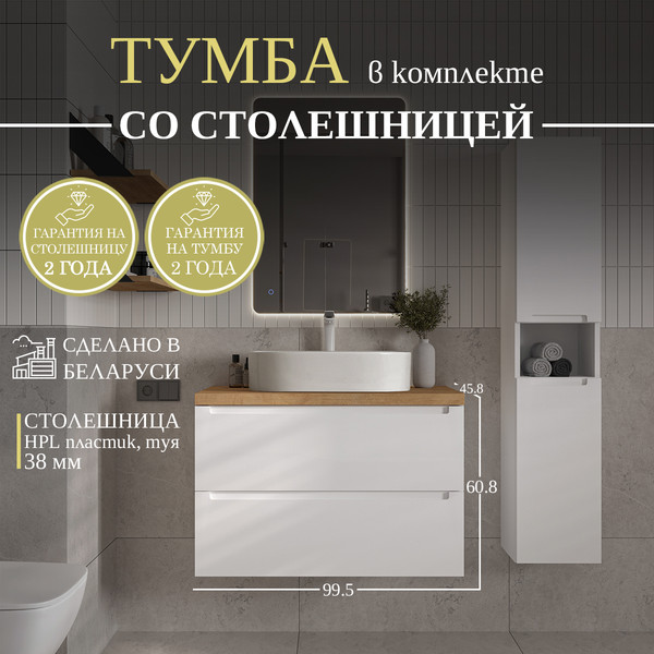 Изображение товара Тумба под умывальник ЗОВ Дион 100 / D100LWP0M9003MKV5-HPL38T (туя/белый матовый)