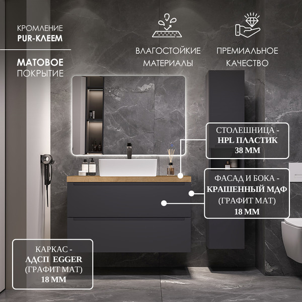 Изображение товара Тумба под умывальник ЗОВ Дион 80 / D80LAFM7015MKV5-HPL38T (туя/графит матовый)