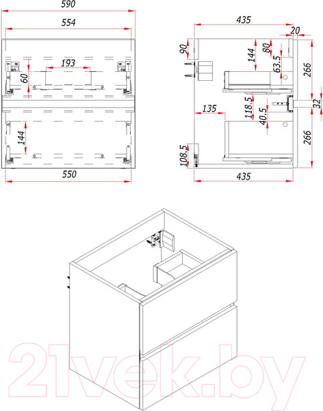 Изображение товара Тумба под умывальник ЗОВ Лира 60 / L60MW0MAGVA-KP13W (белый/адриатик)