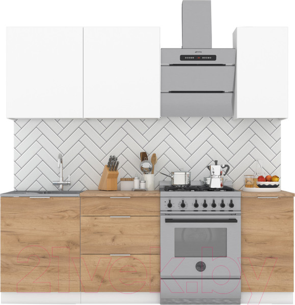 Изображение товара Кухонный гарнитур Интермебель Микс Топ-2 1.6м (белый премиум/дуб крафт золотой/мрамор лацио белый)