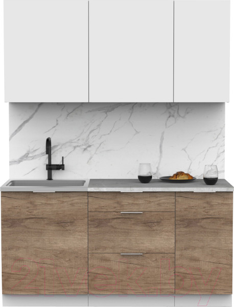Изображение товара Кухонный гарнитур Интермебель Микс Топ-2 1.6м (белый премиум/дуб каньон/мрамор лацио белый)