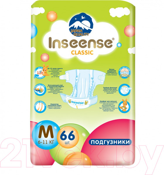 Изображение товара Подгузники детские Inseense Classic Plus M 6-11 кг / InsCM66Lime (66шт)