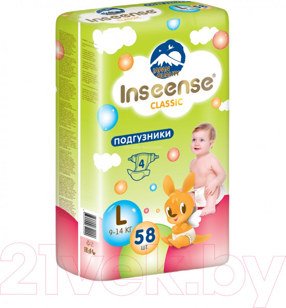 Изображение товара Подгузники детские Inseense Classic Plus L 9-14 кг / InsCL58Lime (58шт)