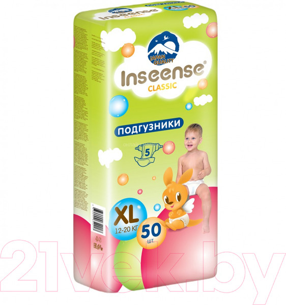 Изображение товара Подгузники детские Inseense Classic Plus XL 12-20 кг / InsCXL50Lime (50шт)