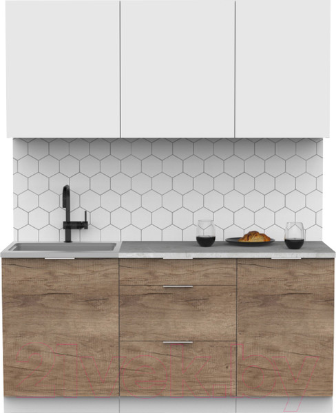 Изображение товара Кухонный гарнитур Интермебель Микс Топ-3 1.7м (белый премиум/дуб каньон/мрамор лацио белый)