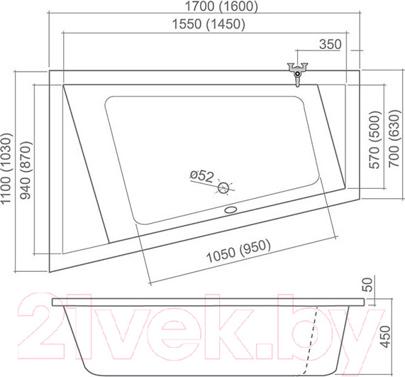 Изображение товара Ванна акриловая Roth Kubic Asymmetric 170 R / 9690001