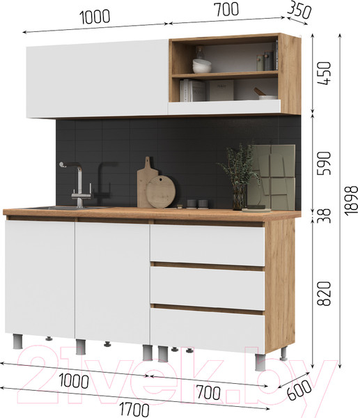 Изображение товара Кухонный гарнитур Стендмебель Хелен 1.7 (белый/дуб крафт золотой)