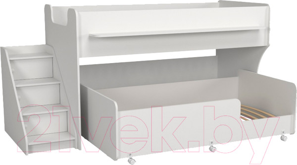 Изображение товара Двухъярусная кровать детская Капризун 12 Р444-2 с лестницей и ящиками (белый)