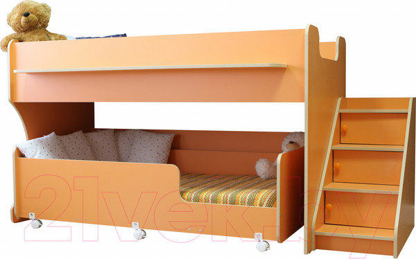 Изображение товара Двухъярусная кровать детская Капризун 12 Р444-2 с лестницей и ящиками (оранжевый)