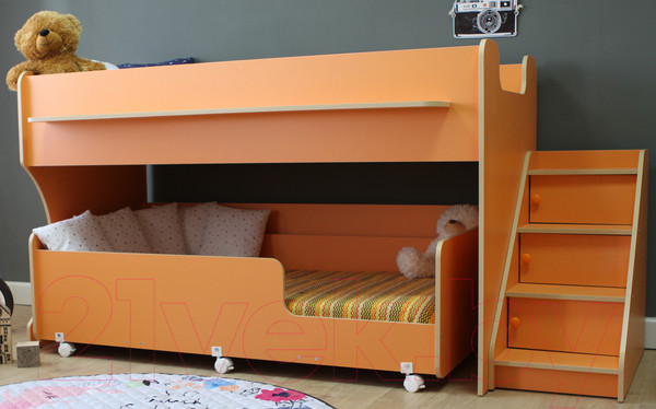 Изображение товара Двухъярусная кровать детская Капризун 12 Р444-2 с лестницей и ящиками (оранжевый)