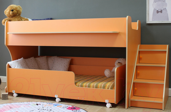 Изображение товара Двухъярусная кровать детская Капризун 12 Р444-2 с лестницей и ящиками (оранжевый)