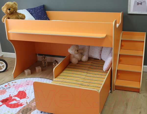 Изображение товара Двухъярусная кровать детская Капризун 12 Р444-2 с лестницей и ящиками (оранжевый)